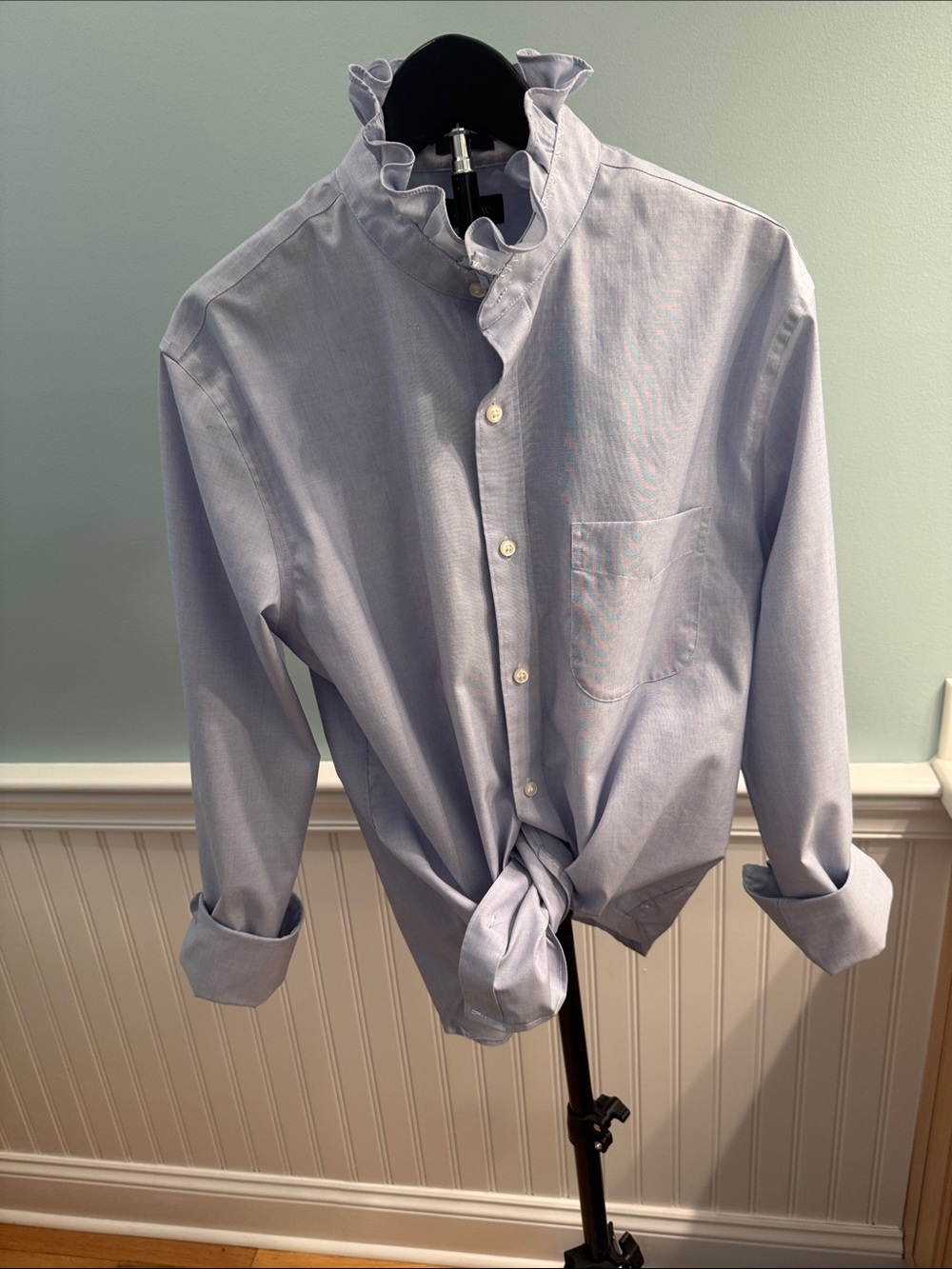 Light Blue Men's reimagined J Crew Button-Down Shirt with Ruffled Collar